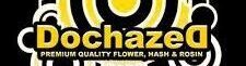 DochazeD logo featuring bold yellow and white text with tagline ‘Premium Quality Flower, Hash & Rosin’ on a black background with abstract circular and dripping designs.