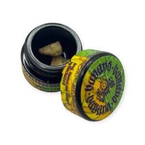 Bananalima rosin jar from Hassans × Dochazed, showcasing golden cold-cure solventless extract in a 1g format