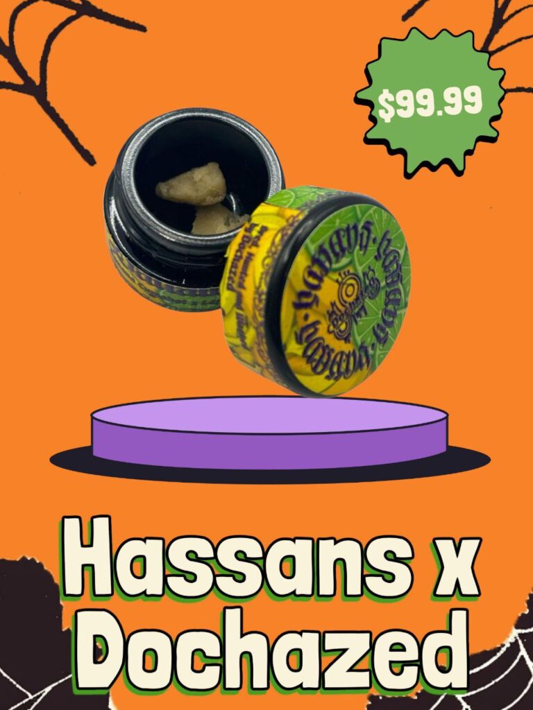 1g jar of Bananalima rosin from Hassans × Dochazed, featuring golden cold-cure extract with banana and citrus terpene profile.