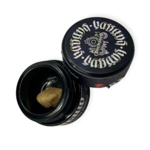 Fruitland rosin jar from Hassans × Dochazed, showcasing golden cold-cure solventless extract in a 1g format.