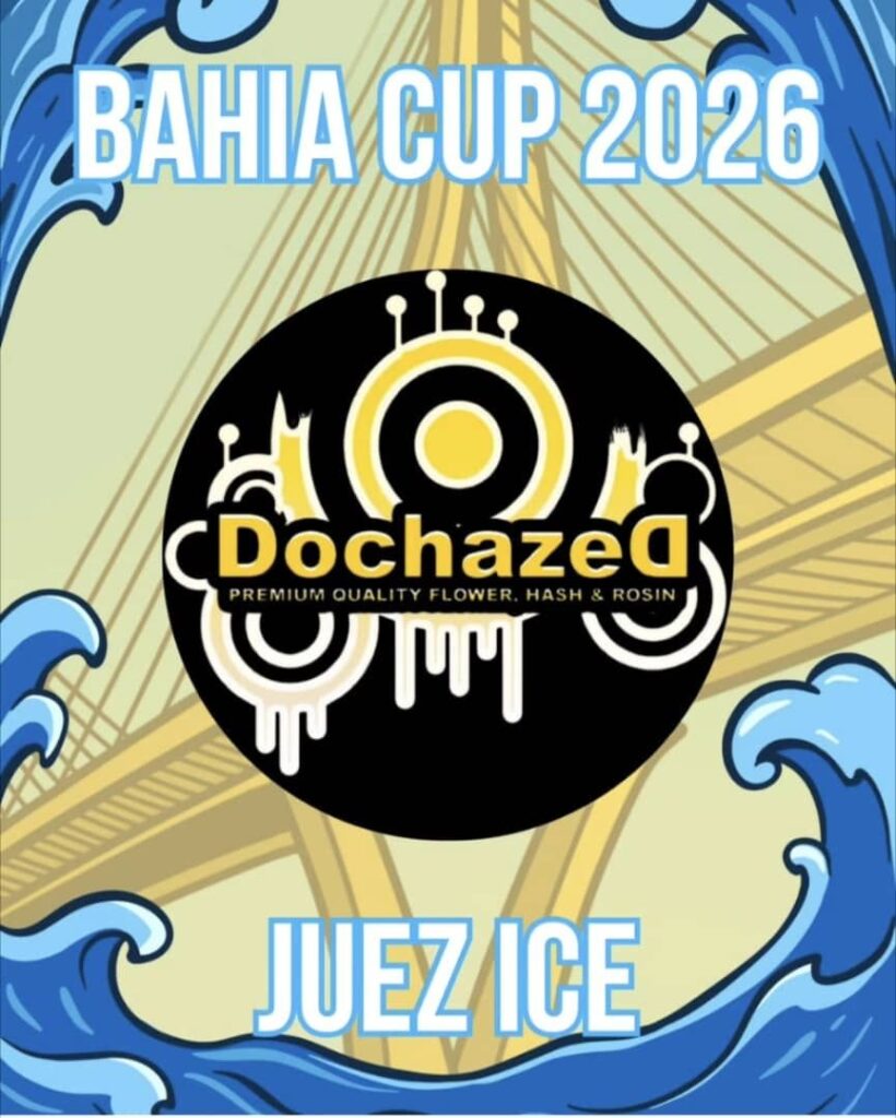 Dochazed Juez Ice official judge badge for Bahia Cup 2026 cannabis competition featuring São Paulo bridge and ocean waves.